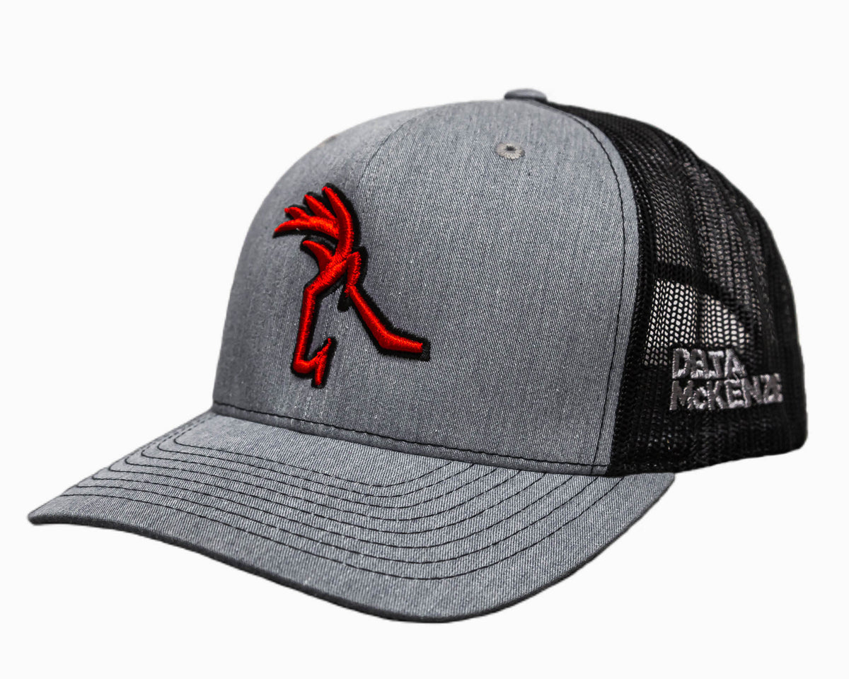 Delta McKenzie Logo in Red on a black and gray Trucker hat